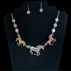 Tri-Color Horse Pendant Necklace and Earrings